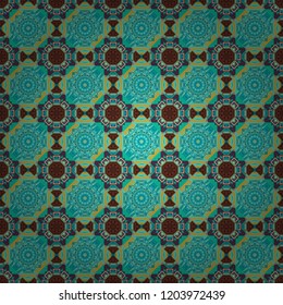 Oriental vector ornament in brown, blue and green colors. Colorful ethnic seamless background pattern in the style of ceramic tiles.