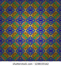 Oriental vector ornament in brown, orange and blue colors. Colorful ethnic seamless background pattern in the style of ceramic tiles.