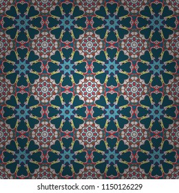 Oriental vector ornament in brown, violet and blue colors. Colorful ethnic seamless background pattern in the style of ceramic tiles.