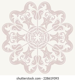 Oriental vector ornament with damask, arabesque and floral pink elements. Light abstract background