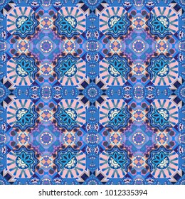 Oriental vector ornament in gray, blue and violet colors. Colorful ethnic seamless background pattern in the style of ceramic tiles.
