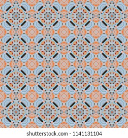 Oriental vector ornament in gray, blue and orange colors. Colorful ethnic seamless background pattern in the style of ceramic tiles.