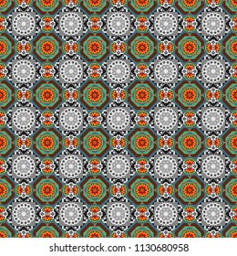 Oriental vector ornament in gray, orange and brown colors. Colorful ethnic seamless background pattern in the style of ceramic tiles.