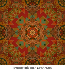 Oriental vector ornament in green, orange and red colors. Colorful ethnic seamless background pattern in the style of ceramic tiles.