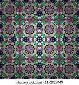Oriental vector ornament in green, violet and gray colors. Colorful ethnic seamless background pattern in the style of ceramic tiles.