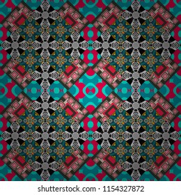 Oriental vector ornament in green, yellow and white colors. Colorful ethnic seamless background pattern in the style of ceramic tiles.