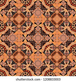 Oriental vector ornament in magenta, orange and brown colors. Colorful ethnic seamless background pattern in the style of ceramic tiles.