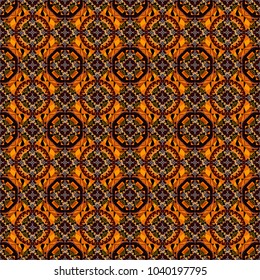 Oriental vector ornament in orange, black and brown colors. Colorful ethnic seamless background pattern in the style of ceramic tiles.