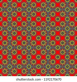 Oriental vector ornament in orange, blue and red colors. Colorful ethnic seamless background pattern in the style of ceramic tiles.