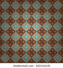 Oriental vector ornament in orange, brown and blue colors. Colorful ethnic seamless background pattern in the style of ceramic tiles.