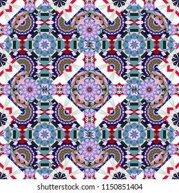 Oriental vector ornament in red, blue and gray colors. Colorful ethnic seamless background pattern in the style of ceramic tiles.