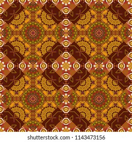 Oriental vector ornament in red, brown and orange colors. Colorful ethnic seamless background pattern in the style of ceramic tiles.