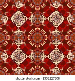 Oriental vector ornament in red, brown and beige colors. Colorful ethnic seamless background pattern in the style of ceramic tiles.