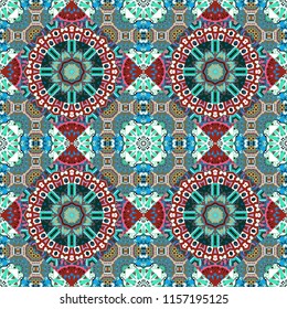 Oriental vector ornament in red, white and blue colors. Colorful ethnic seamless background pattern in the style of ceramic tiles.