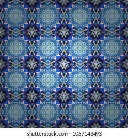 Oriental vector ornament in violet, gray and blue colors. Colorful ethnic seamless background pattern in the style of ceramic tiles.