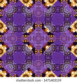 Oriental vector ornament in violet, purple and brown colors. Colorful ethnic seamless background pattern in the style of ceramic tiles.