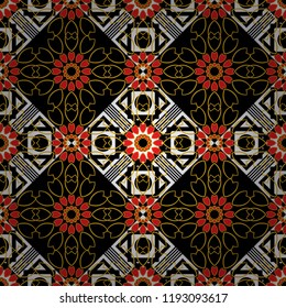 Oriental vector ornament in white, orange and black colors. Colorful ethnic seamless background pattern in the style of ceramic tiles.