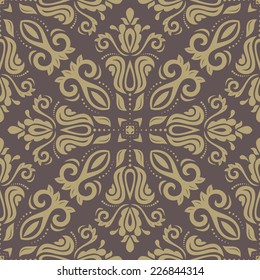 Oriental vector pattern with arabesque and floral elements. Seamless abstract background. Brown and yellow colors