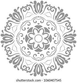 Oriental vector pattern with arabesques and floral elements. Traditional classic silver round ornament. Vintage pattern with arabesques