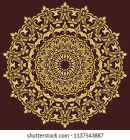 Oriental vector pattern with arabesques and floral elements. Traditional classic round golden ornament. Vintage pattern with arabesques