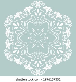 Oriental vector pattern with arabesques and floral elements. Traditional classic round light blue and white ornament. Vintage pattern with arabesques