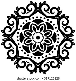 Oriental vector pattern with arabesques and floral elements. Traditional classic round black and white ornament