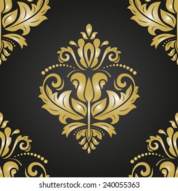 Oriental vector pattern with damask, arabesque and floral elements. Seamless golden abstract background