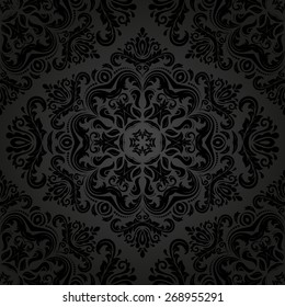 Oriental vector pattern with damask, arabesque and floral black elements. Seamless abstract background