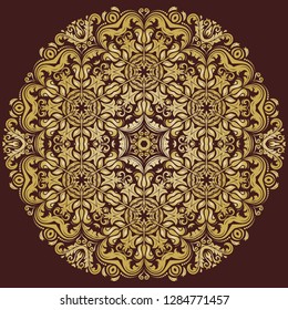 Oriental vector pattern with golden arabesques and floral elements. Traditional classic ornament. Vintage pattern with arabesques