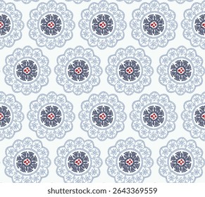 Oriental vector pattern with round arabesques elements. Vintage pattern with arabesques textured blue with dark blue block print on white background.