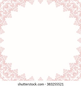 Oriental vector pink frame with arabesques and floral elements. Floral fine border. Greeting card with place for text
