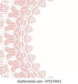 Oriental vector pink frame with arabesques and floral elements. Floral fine border. Greeting card with place for text