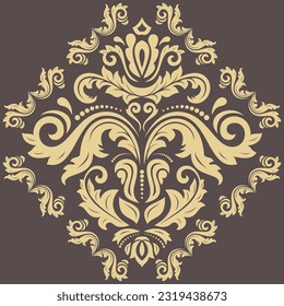 Oriental vector rhombus with arabesques and floral elements. Traditional classic ornament. Vintage brown and yellow pattern with arabesques