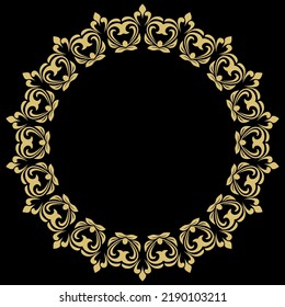 Oriental vector round black and golden frame with arabesques and floral elements. Floral border with vintage pattern. Greeting card with circle and place for text