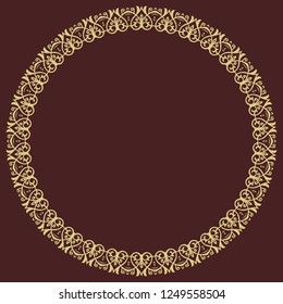 Oriental vector round frame with arabesques and floral elements. Floral golden border with vintage pattern. Greeting card with place for text
