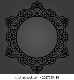 Oriental vector round frame with arabesques and floral elements. Floral round dark border with vintage pattern. Greeting card with place for text