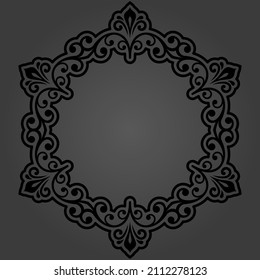 Oriental vector round frame with arabesques and floral elements. Floral round black border with vintage pattern. Greeting card with circle and place for text