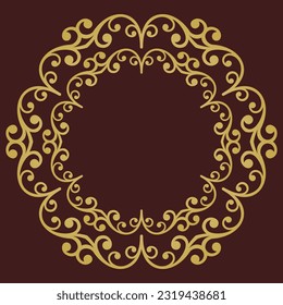 Marco circular vectorial oriental con arabescos y elementos florales. Marrón floral y borde dorado con patrón vintage