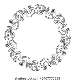 Oriental vector round frame with arabesques and floral elements. Floral round black white border with vintage pattern