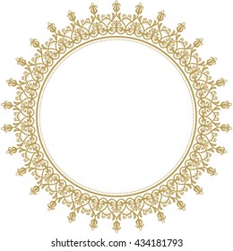 Oriental vector round frame with arabesques and floral elements. Floral fine border. Greeting card with place for text. Golden round pattern