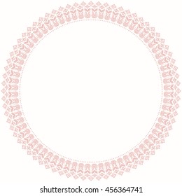 Oriental vector round frame with arabesques and floral elements. Floral fine border. Greeting card with place for text. Light pink pattern