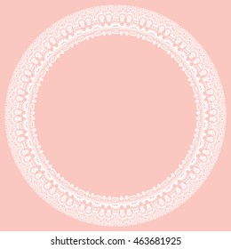 Oriental vector round frame with arabesques and floral elements. Floral fine border. Greeting card with place for text. Pink and white pattern