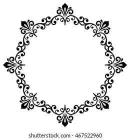 Oriental vector round frame with arabesques and floral elements. Floral fine border. Greeting card with place for text. Black and white pattern