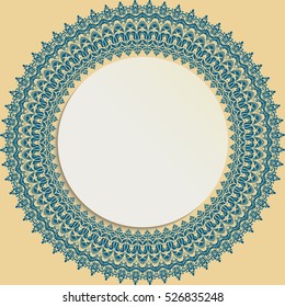 Oriental vector round frame with arabesques and floral elements. Floral fine border. Greeting card with place for text