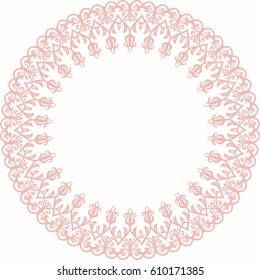 Oriental vector round frame with arabesques and floral elements. Floral pink border with vintage pattern. Greeting card with place for text