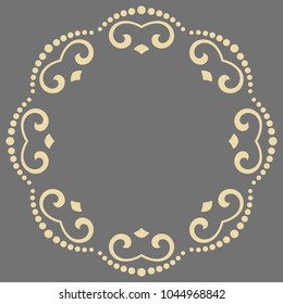 Oriental vector round golden frame with arabesques and floral elements. Floral border with vintage pattern. Greeting card with place for text