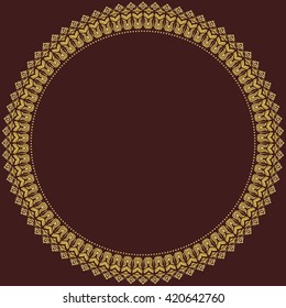 Oriental vector round golden frame with arabesques and floral elements. Floral fine border. Greeting card with place for text