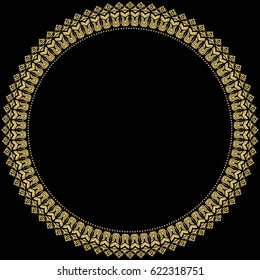 Oriental vector round golden frame with arabesques and floral elements. Floral border with vintage pattern. Greeting card with place for text