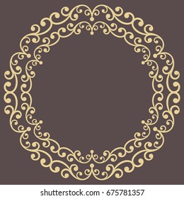 Oriental Vector Round Golden Frame With Arabesques And Floral Elements. Floral Border With Vintage Pattern. Greeting Card With Place For Text