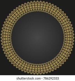 Oriental vector round golden frame with arabesques and floral elements. Floral border with vintage pattern. Greeting card with place for text